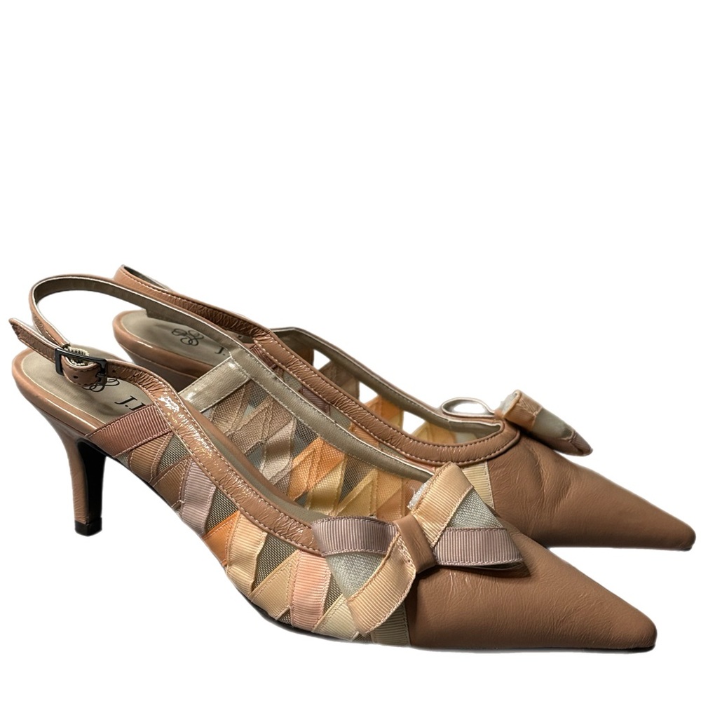 J. Renee heels with bows, 8 M, pink and tan, adjustable, 3” heel, classy shoes